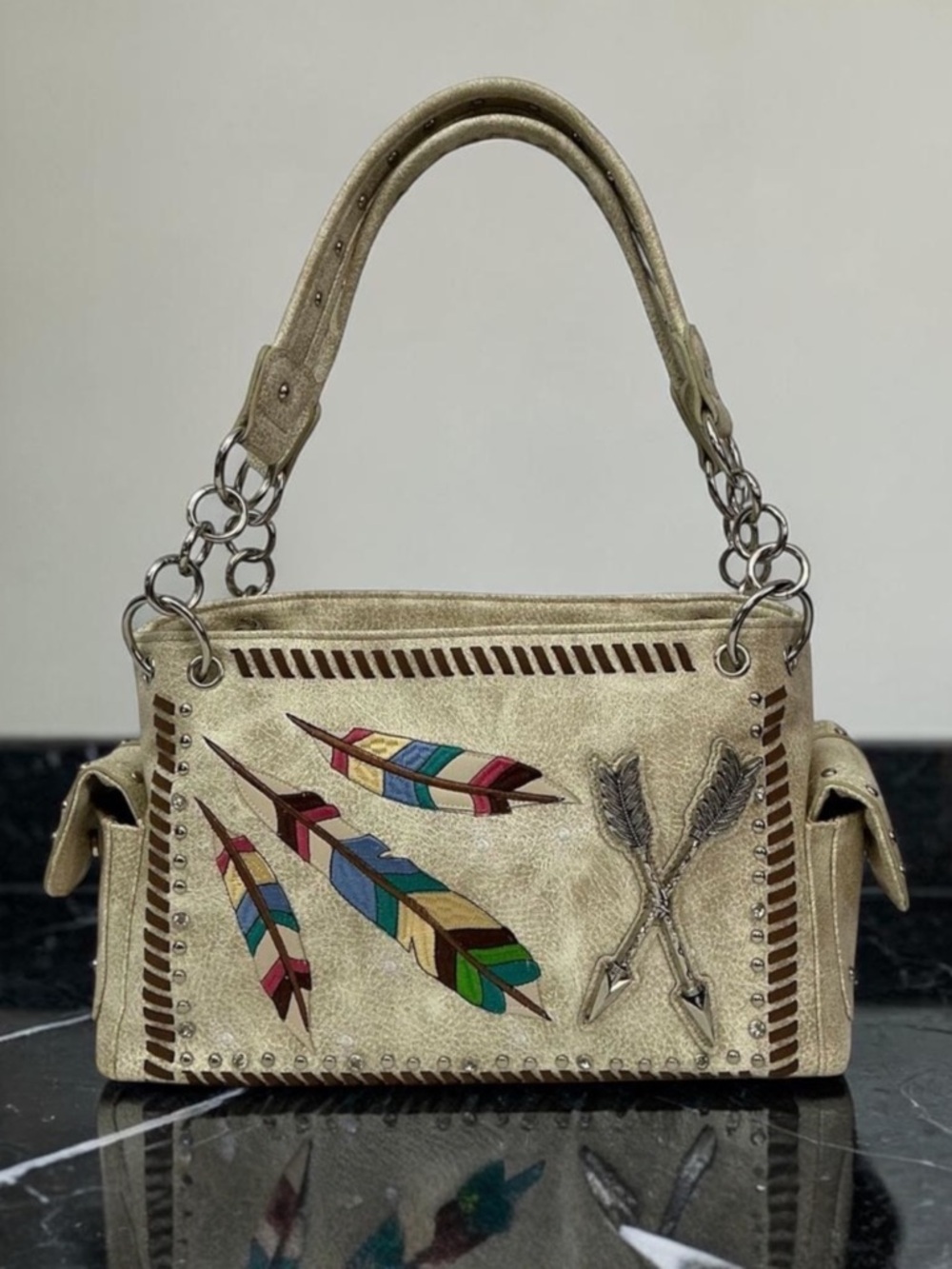 Tan Western Tooled Leather Embroidered Feather & Arrow Western Boho Shoulder Bag